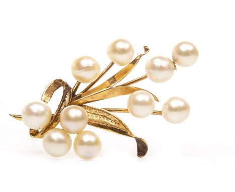 PEARL SPRAY BROOCH, set with spherical pearls 7mm in diameter, with engraved foliate decoration, 50mm long, unmarked, 8.6g