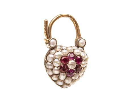 DIAMOND, PEARL AND RED GEM SET PADLOCK, of heart shape, set with pearls and central red gem and diamond flower cluster, the d