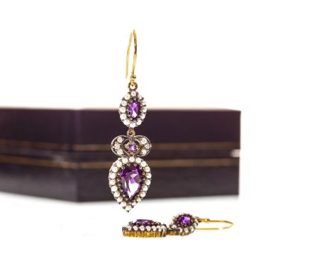 PAIR OF AMETHYST, PEARL AND DIAMOND EARRINGS, each set with a teardrop shaped amethyst within a seed pearl halo, suspended fr