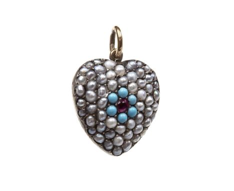 PEARL, TURQUOISE AND RED GEM SET PENDANT, set with seed pearls with central red gem set and turquoise flower cluster, 17mm hi