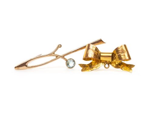 GEM SET BAR BROOCH, of openwork form, set with a round blue gem and a seed pearl, unmarked; along with a partial bow brooch, 