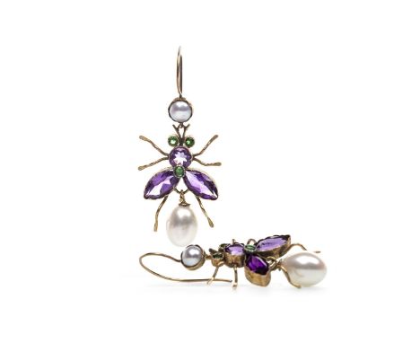 PAIR OF GEM SET INSECT EARRINGS, set with a suspended teardrop shaped pearl, with purple and green gems set to the body, with
