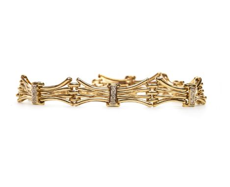 DIAMOND SET BRACELET, the gatelink sections interspaced by rectangular diamond set sections, the round brilliant cut diamonds