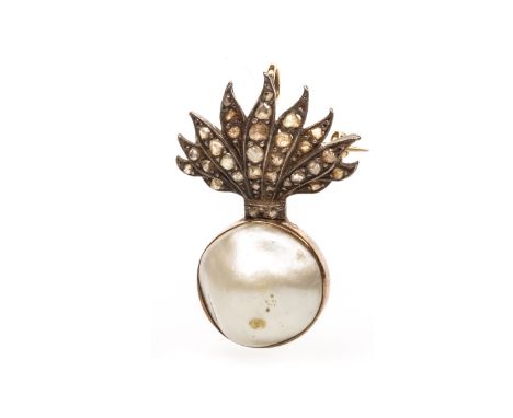 PEARL AND DIAMOND BROOCH, the baroque pearl approximately 13mm in diameter, below a fan shaped rose cut diamond set section, 
