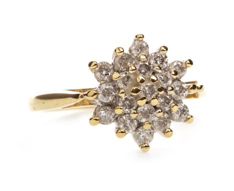 DIAMOND CLUSTER RING, set with round brilliant cut diamonds totalling approximately 0.50 carats, in eighteen carat gold, size