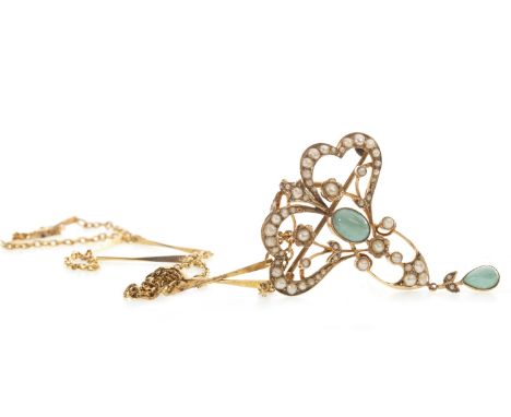 TURQUOISE AND SEED PEARL BROOCH PENDANT, of openwork design, with central cabochon turquoise within a seed pearl border, with