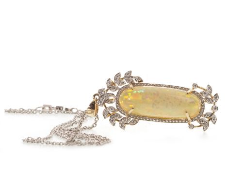 OPAL AND DIAMOND PENDANT, the elongated cabochon opal 27mm long, within a diamond set border, the round brilliant cut diamond