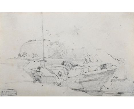 CIRCLE OF RICHARD PARKES BONINGTON (BRITISH 1802-1828) UNLOADING A BARGE Pencil With Col. J. Lewis Brown's collector's stamp 
