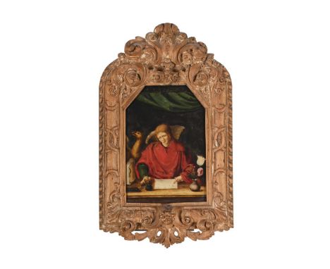 ‡ DUTCH SCHOOL (CIRCA 1600) SAINT JOHN THE EVANGELIST Oil on copper, with a shaped top 15.9 x 11.4cm (6¼ x 4¼ in.)  Provenanc