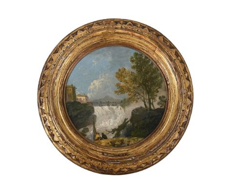 ‡ RICHARD WILSON (WELSH 1714-1782)  THE WEIR ON THE PO (FIGURES BY A WATERFALL) Oil on canvas, tondo 23.5 x 23.5cm (9¼ x 9¼ i