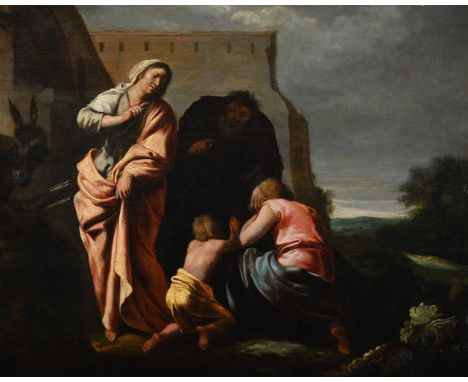 FOLLOWER OF CLAES CORNELISZ MOEYAERT THE PROPHET ELISHA AND THE WIDOW WITH HER TWO SONS Oil on panel 39.5 x 51cm (15½ x 20 in