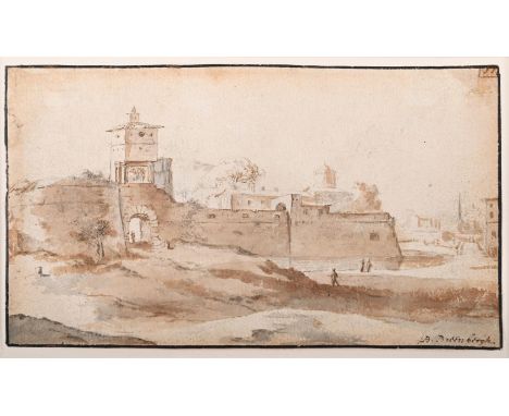 BARTHOLOMEUS BREENBERGH (DUTCH 1598-1657)  WALLS OF A CITY, POSSIBLY LATINUM Pen and brown ink, with brown and grey wash over