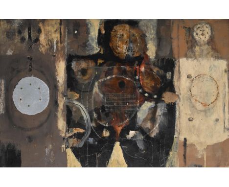 GEORGE MARSHALL COHEN (AMERICAN 1919-1999) FIGURE WITH ATTENDANTS Oil and collage on canvas  Signed (lower left) 76 x 117.5cm