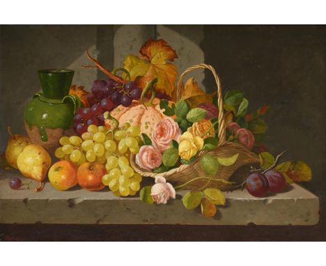 CHARLES THOMAS BALE (BRITISH 1849-1925)  STILL LIFE WITH A BASKET OF FRUIT AND FLOWERS Oil on canvas Signed and dated '1884' 