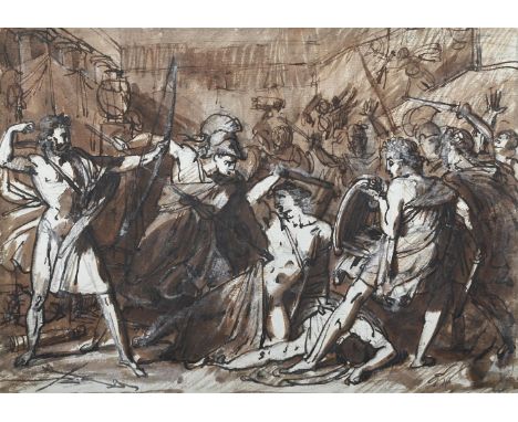 ‡ BARON ANTOINE- JEAN GROS (FRENCH 1771-1835)  ULYSSES KILLING THE SUITORS OF PENELOPE Pen and brown ink, black chalk, brown 