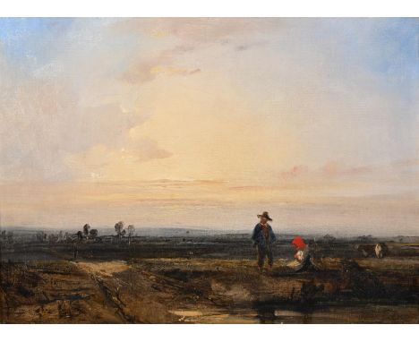 ‡ RICHARD PARKES BONINGTON (BRITISH 1802-1828) LANDSCAPE WITH SUNSET AND FIGURES Oil on canvas 23 x 35cm (9 x 13¾ in.)Provena