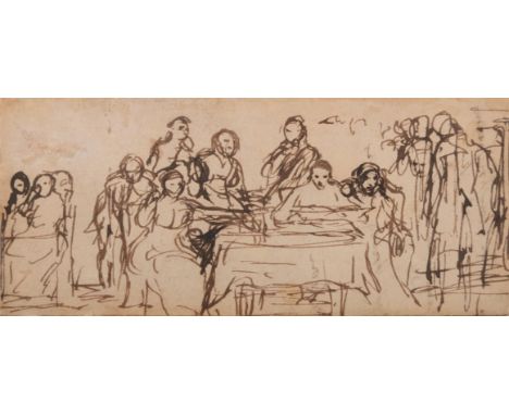 SIR DAVID WILKIE (SCOTTISH 1785-1841) STUDY FOR READING THE WILL Pen and brown ink 5.5 x 12.5cm (2 x 4¾ in.)Provenance: The P