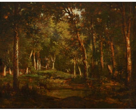 ‡ THÉODORE ROUSSEAU (FRENCH 1812-1867)  LA MARE AUX BICHES Oil on bevelled panel Signed (lower left) 15.5 x 20.5cm (6 x 8 in.