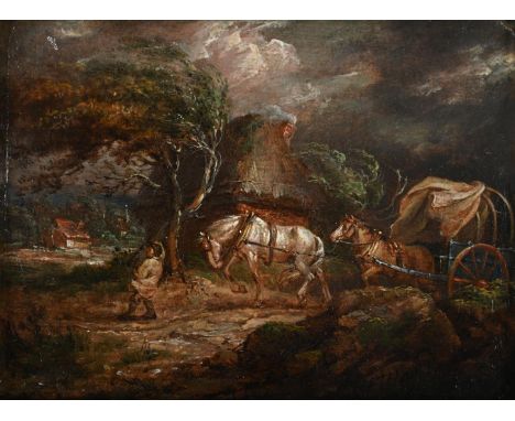 JAMES WARD (BRITISH 1769-1859)  A WAGON PASSING A COTTAGE ON A WINDY NIGHT Oil on paper, laid down on panel Signed 'J. Ward' 