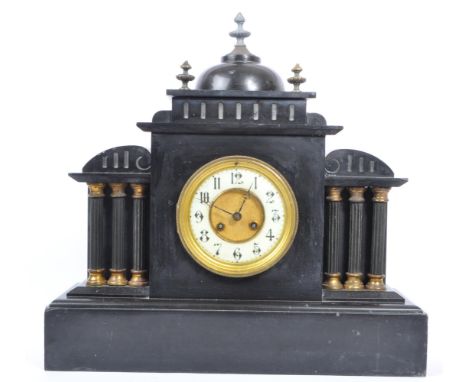 Large late 19th century Victoria black slate mantle clock having a white enamelled clock face, twin train movement, brass and