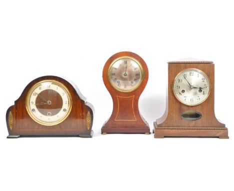 A collection of three 19th and 20th Century wooden mantel clocks to include mid Century Bentima chime mantel clock with added