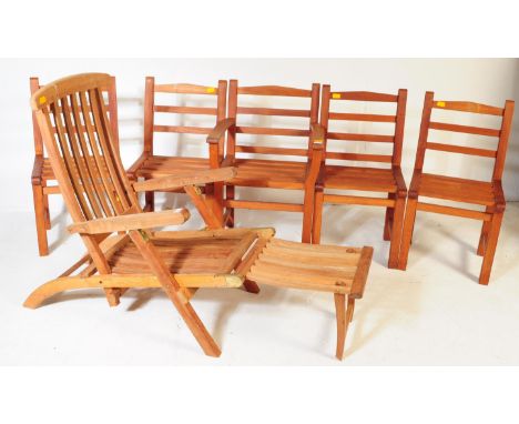 A set of five contemporary teak wood garden patio armchairs -&nbsp; chairs. With slatted ladder back style rests, straight el