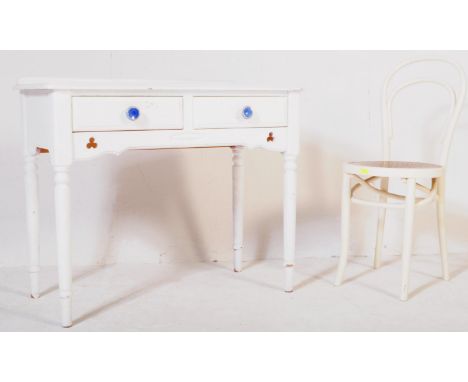 A&nbsp; retro painted pine writing table / desk &amp; caf&eacute; chair in a white colourway. The table having a flared chamf