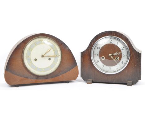 Two early 20th century oak &amp; mahogany cased mantel / mantle clocks. The lot to include a Smiths oak case 8-day movement m