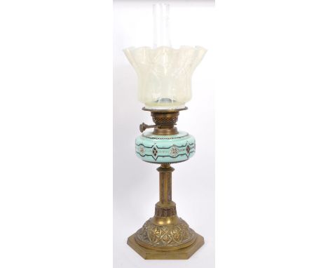 Early 20th Century / Victorian oil lamp with hexagonal brass base and column, turquoise glass reservoir and duplex twin wick 