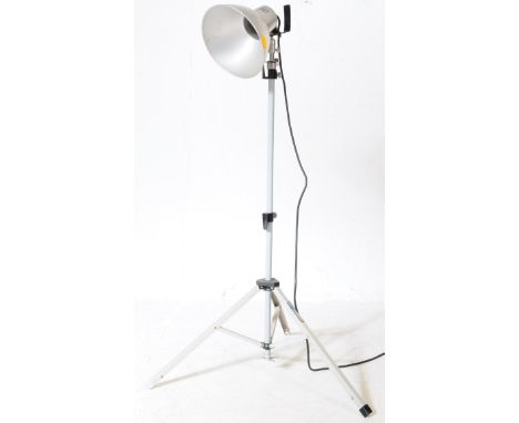 Photax 9" reflector interfit lighting. A pair of vintage 20th century industrial standing lamp lights. Having a large conical