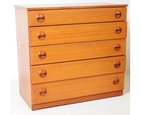 Schreiber Furniture - British Modern Design - Mid 20th century teak chest of drawers. Rectangular form with flared top above 