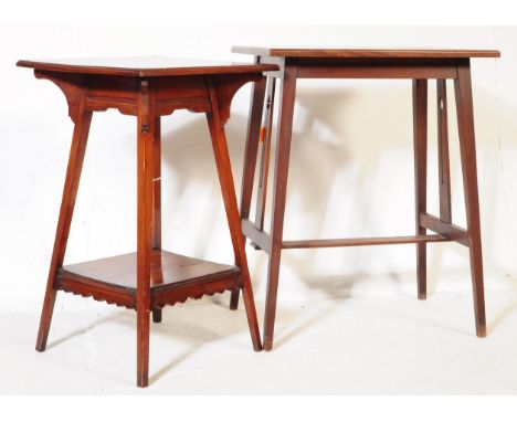 Two side lamp tables in mahogany. One in art nouveau style, with rectangular mahogany top raised on squared spindle legs and 