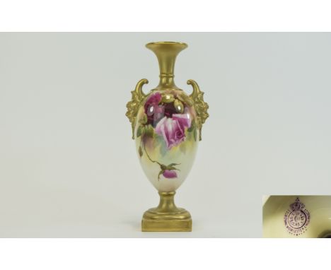 Royal Worcester Hand Painted Twin Handled Vase, Raised on a Gold Painted Square Base ' Roses ' Stillife. Signed. Date 1824, H