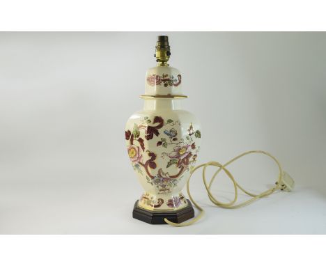 Cream Floral And Scroll Pattern Lamp Base Hexagonal porcelain decorative lamp, mounted on hexagonal wooden base. Multi colour