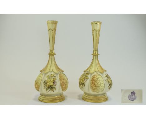 Royal Worcester Pair of Hand Painted Blush Ivory Vases In The Persian Style. Date 1892. Attractive Pair of Worcester Vases. E