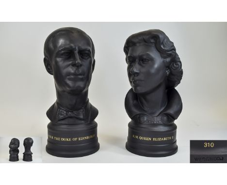 Wedgwood Royal Silver Wedding 1947 - 1972 Ltd and Numbered Edition, A Pair of Portrait Busts In Black Basalt of H.M Queen Eli