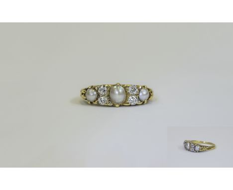 Antique 18ct Gold Gallery Set Pearl and Diamond Ring, The Three Pearls Interspaced by 4 Diamonds. Nice Period Ring, Fully Hal