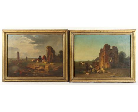 England um 1800, "Paar Landschaften mit Ruinen und rastenden Jägern", Öl/Lwd., 50 x 66, min.besch. bzw. doubliert, R. 