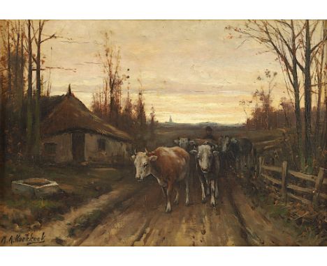 Koekkoek, Marinus Adrianus II (1873-1944), "Dorfweg mit Kühen", Öl/Lwd., 24 x 34, unten links signiert, R. 