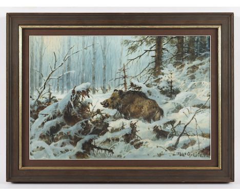Gehrts, Johannes (1855-1921), "Keiler im Winterwald", Aquarell/Gouache/Papier, 24 x 35,5 (Passepartoutausschnitt), unten rech