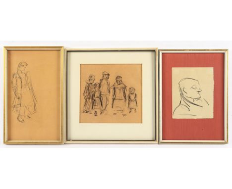 Zille, Heinrich, drei Zeichnungen, "Männerkopf", "Göre", "Spaziergänger" Bleistift/Papier, bis 14 x 13, Vömel V/71, R. 
