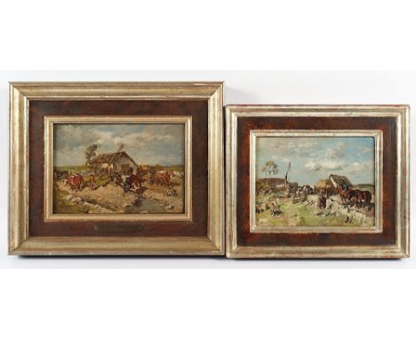 Bochmann, Gregor von (1850-1930), "Zwei Landschaften mit Bauern und Pferden", Öl/Platte, 14 x 19, jeweils unten links signier