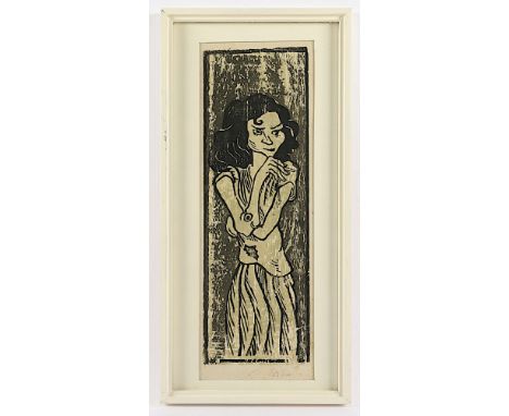 Pankok, Otto, "Mädchen mit Zigarette", Original-Farbholzschnitt, 14 x 42,5, handsigniert unten rechts (Riss), 1943. Dargestel