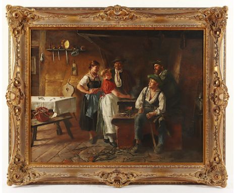 Laubmann, Paul (1860-1917), "Gesellige Runde in der Bauernstube", Öl/Lwd., 69 x 88, unten rechts signiert und "1869" datiert,