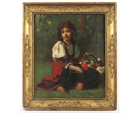 Delobbe, François-Alfred (1835-1915), "Mädchen mit Blumenkorb", Öl/Lwd., 55 x 46, oben rechts signiert, stark rest., R. 