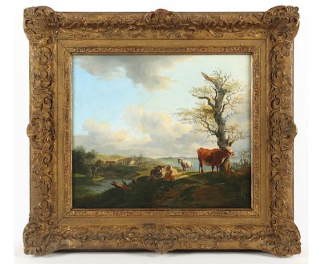 Maler A.19.Jh., "Landschaft mit Vieh", Öl/Lwd., 36 x 43, doubliert, R. 