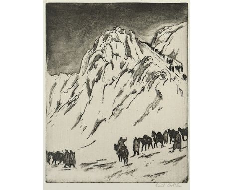 Orlik, Emil, "Österreichische Munitionskolonne an der serbischen Grenze", 1915 Original-Radierung, 25 x 20, handsigniert, R. 
