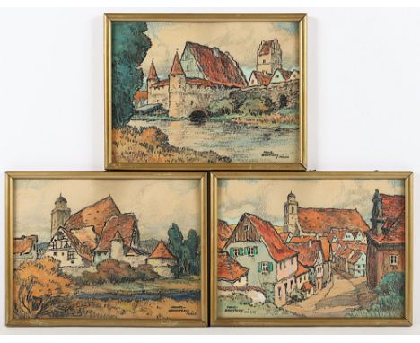 Brantzky, Franz (1871-1945), "Drei Ansichten aus Dinkelsbühl", Ölkreide/Papier, bis 18 x 24, jeweils signiert, R. 