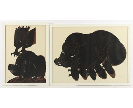 Grieshaber, HAP, zwei Arbeiten, "Hängebauchschwein", (1964) Original-Farbholzschnitt, 39 x 55, handsigniert, R. 