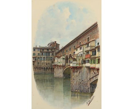 Bensa, Ernesto (tätig 1863-1897), "Blick auf die Ponte Vecchio in Florenz", Aquarell/Papier, 44 x 28,5 (Passepartoutausschnit